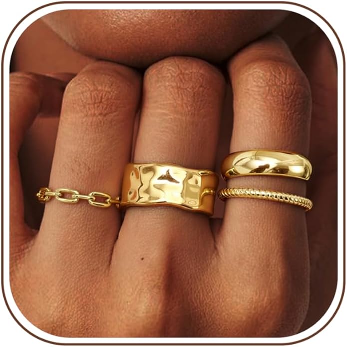 FIASASO Chunky Gold Rings for Women Non Tarnish - 4Pcs 14K Gold Plated Dainty Stackable Ring Set Trendy Hypoallergenic Thick Dome Statement Finger Knuckle Rings Pack Size 5-10