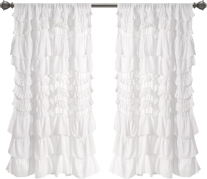 Lush Decor Kemmy Light Filtering Window Curtain Panel Single 52" W x 63" L White - Drapes - Ruffled Curtains for Bedroom - White Curtains - Coquette Decor