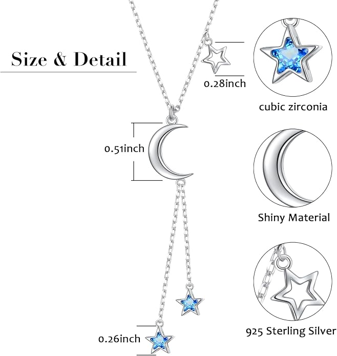 Ladytree 925 Sterling Silver Jewelry Crescent Moon and Star Pendant Necklace