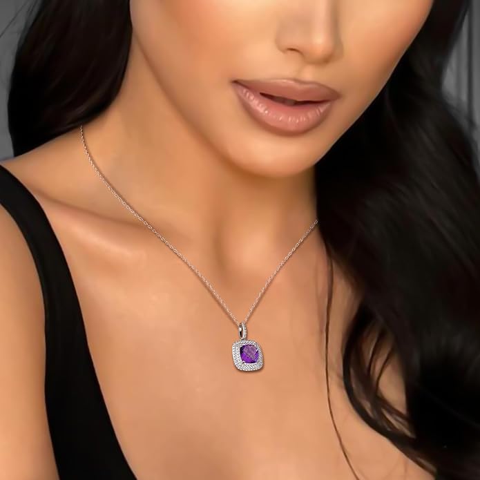 Birthstone Necklace for Women 925 Sterling Silver Cushion/Pear Cut Created Gemstone Halo Pendant Necklace Birthstone Jewelry