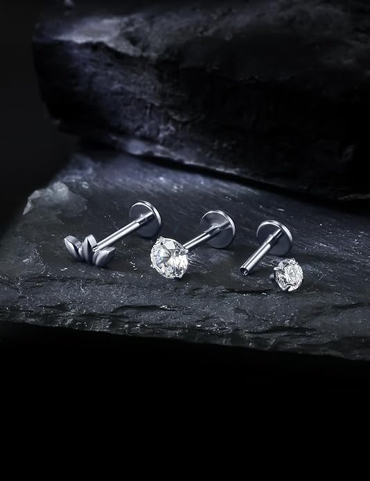 20G 18G 16G Astm F136 Titanium Internal Thread Flat Back Earrings Nose Studs Tragus Forward Helix Conch Cartilage Lobe Earring Stud Medusa Labret Monroe Lip Ring Piercing Jewelry For Women Men