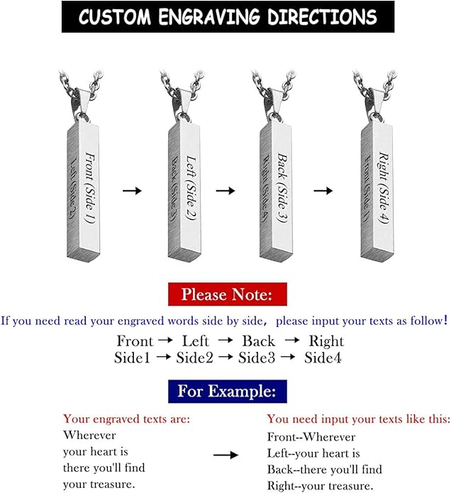 PiercingJ 4 Side Engraving Personalized Custom Message Name Bar Necklace Stainless Steel Pendant Chain for Men Women Valentine's Day Gift Box