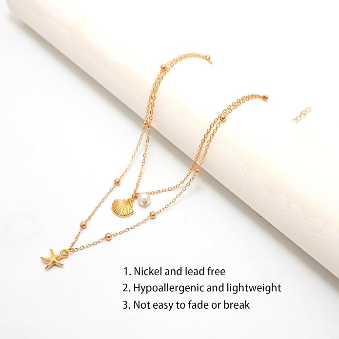 14K Gold Plated Paper Clip Chain Link Necklace Satellite Cross Key Starfish Turquoise Heart Necklace for Women