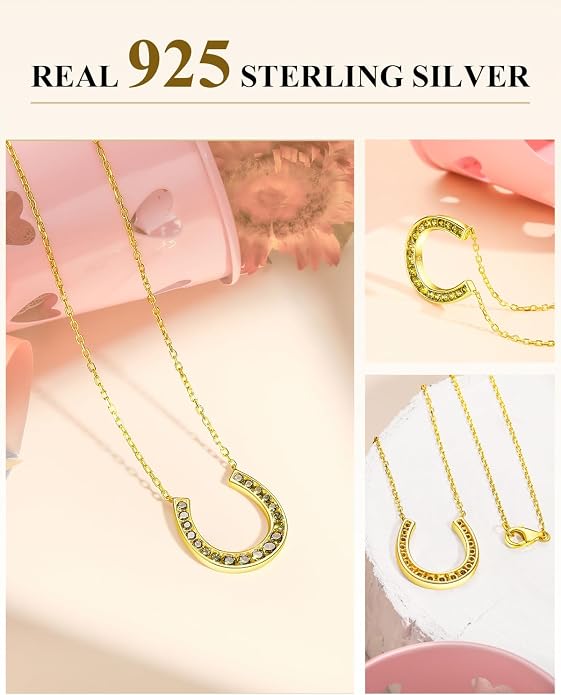 Luck Horseshoe Necklace 14K Gold Plated/Sterling Silver Created Gemstone Pendant with Chain Channel Set U Shaped Charm Necklace Birthstone Jewelry