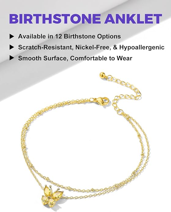 Richsteel Double Layer Heart/Butterfly Birthstone Anklet for Women Non Tarnish Waterproof, Silver/Gold/Black Stainless Steel 8.5-10.5 Inch Adjustable Chain Anklets Jewelry Gifts for Her