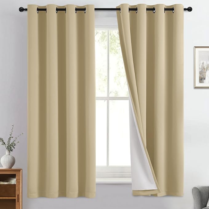 Yakamok Beige 100% Blackout Curtains 63 Inches Long for Bedroom 50" Wide | Blackout Curtain Panels for Bedroom, 2 Thick Layers Grommet Top Thermal Insulated Drapes with White Back for Living Room