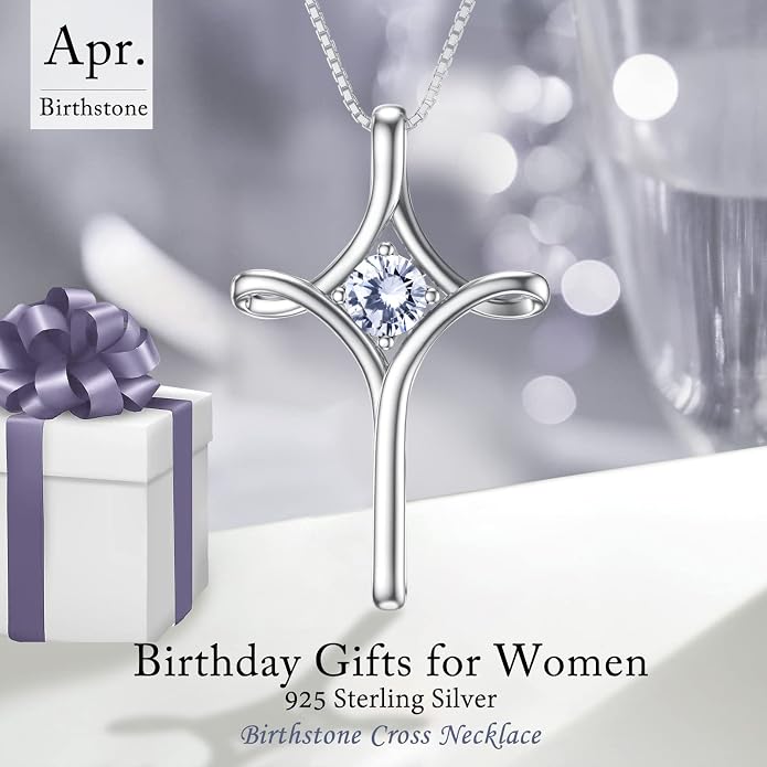 TOUPOP Cross Necklace for Women 925 Sterling Silver Birthstone Cross Pendant Fine Jewelry Anniversary Birthday Mothers Day Gifts for Mom Wife Her