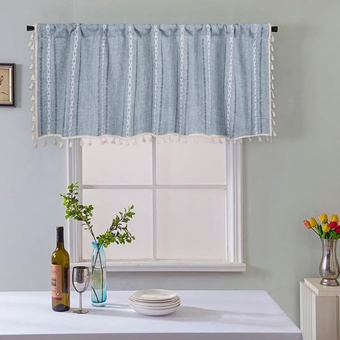 ColorBird Kitchen Short Curtains，52 x 18 inch Blue Striped Valance Curtains Light Filtering Drapes, 1 Panel Embroidered Kitchen Basement Window Curtains Over Sink for Oven Laundry RV Camper Cafe