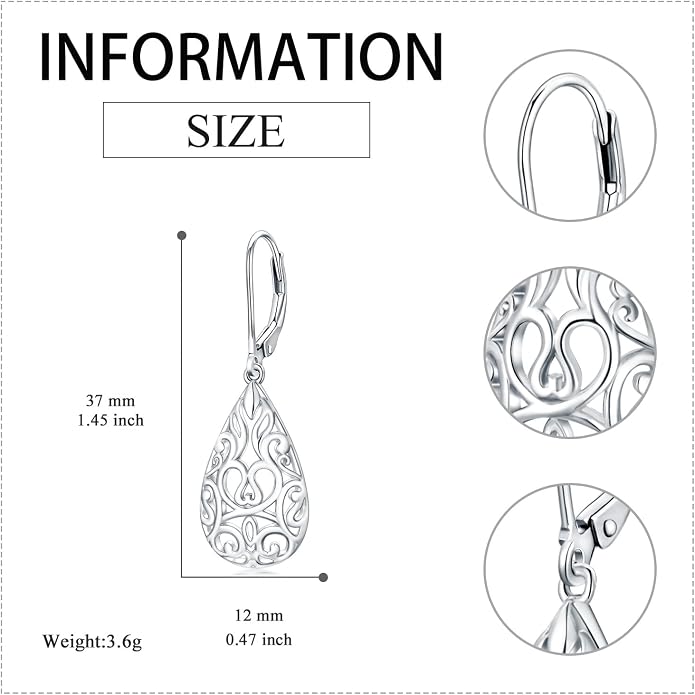 VONALA Filigree Teardrop Earrings for Women Sterling Silver Filigree Teardrop Dangle Earrings Filigree Leverback Earrings for Women Birthday Gift