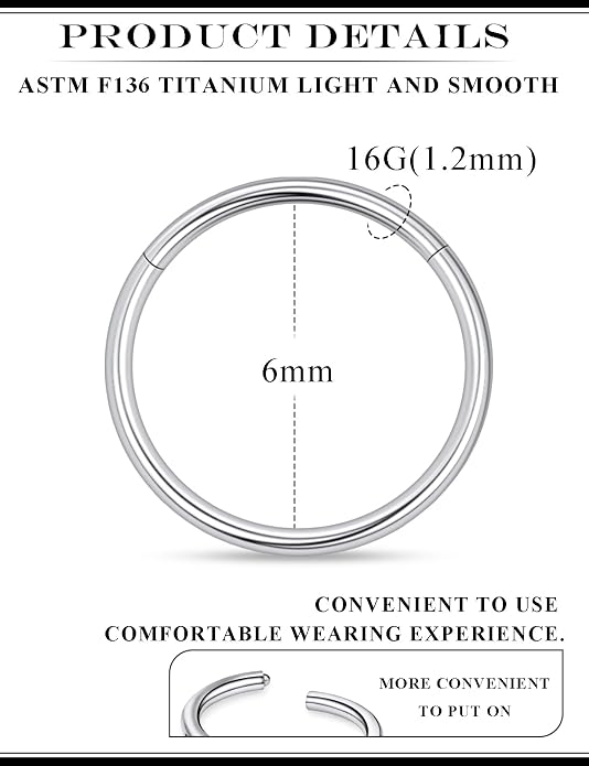 20G 18G 16G 14G 12G 10G 8G 6G 4G 2G Nose Rings Hoops Astm F136 Titanium Clicker Septum Lip Ring Tragus Helix Daith Rook Conch Snug Cartilage Lobe Earrings Hoop Piercing Jewelry For Women Men