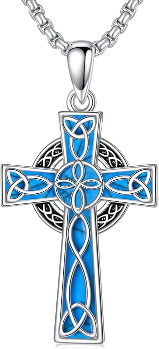 HPQQ Cross Necklace 925 Sterling Silver Turquoise Tree of Life Celtic Knot Cross Pendant Jewelry Mother's Day Gifts for Women