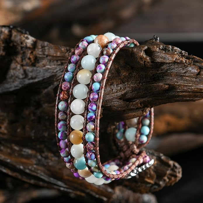 YGLINE Boho Handmade Natural Stone Bead 3 Row Wide Wrap Wrist Statment Bracelet Jewelry Collection