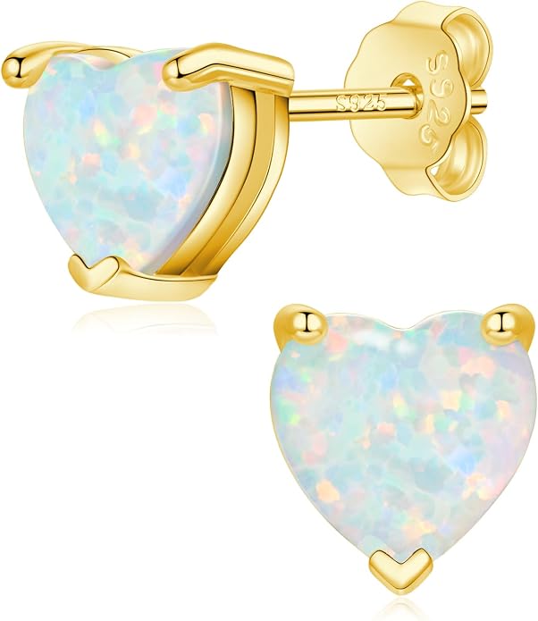 CiNily 925 Sterling Silver Stud Earrings for Women Teen, Heart Opal Stud Earrings, Dainty Cartilage Small Studs for Men, Heart Birthstone Earrings Lightweight Opal Jewelry for Mothers Day Birthday