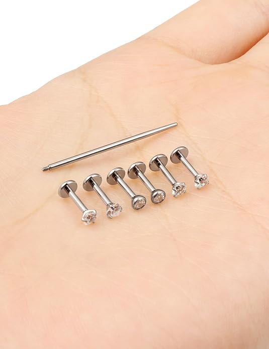 20G 18G 16G F316 Titanium Flat Back Nose Rings Studs Hypoallergenic Screw on Tragus Helix Cartilage Earrings Stud Piercing Jewerly for Women Men Bars 6mm