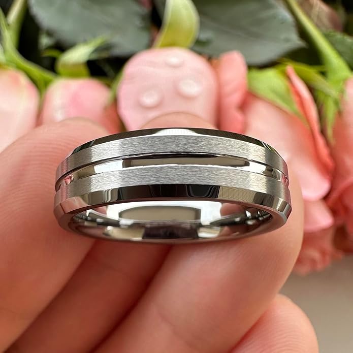 TUTISS 6mm 8mm Silver/Black/Blue/Gunmetal/Gold/Rose Gold Tungsten Rings for Men Women Fashion Engagement Wedding Bands Matte Finish Beveled Edges Comfort Fit