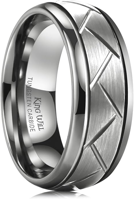King Will Classic Tungsten Carbide Ring Brushed Two Grooved Center Hammered Design Mens Wedding Band for Men