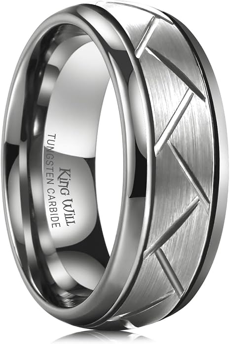 King Will Classic Tungsten Carbide Ring Brushed Two Grooved Center Hammered Design Mens Wedding Band for Men