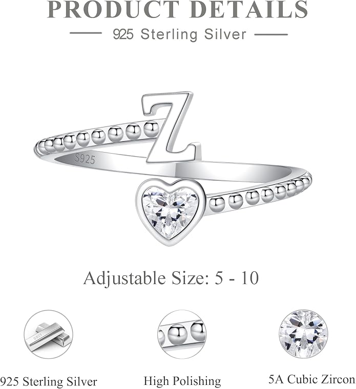 Step Forward 925 Sterling Silver Adjustable Initial Ring for Women | Non Tarnish Letter Rings for Lady | Alphabet Heart Thumb Rings | Capital Letter Jewelry Gifts