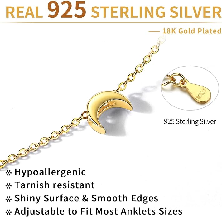 ChicSilver Personalized 925 Sterling Silver Tiny Heart/Moon/Star/Sun/Dot/Triangle Anklets Simple Dainty Foot Jewelry for Women, Silver/Gold Plated/Rose Gold Plated