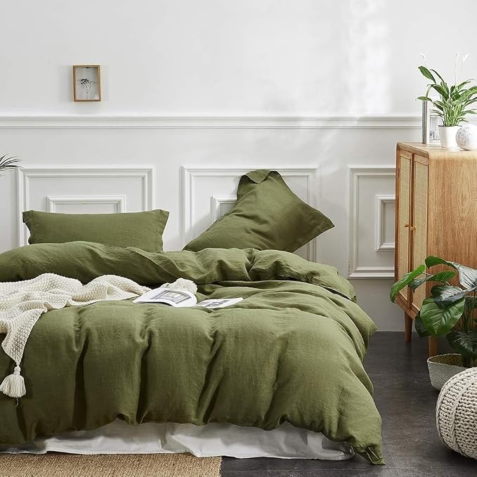 Simple&Opulence 100% Linen Duvet Cover Set, 3 PCS Natural French Flax Olive Green Duvet Cover Queen Size, Breathable Soft Comfy Linen Bedding Comforter Cover with 2 Pillowcases(Olive Green, 88"x92")