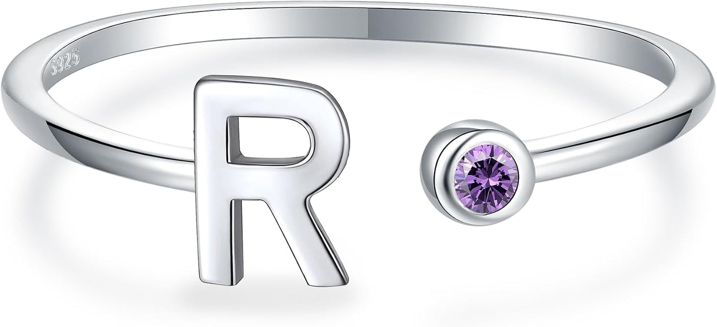 925 Sterling Silver Initial Letter Birthstone Rings for Women Adjustable 1-12 Month Birthstone Alphabet Stacking Ring for Teens Girls Stackable Birthstone Rings Birthday Jewelry Gift for Daughter Mom