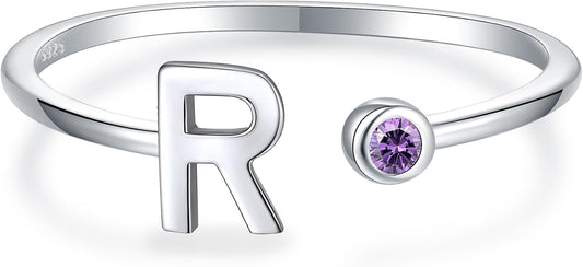 925 Sterling Silver Initial Letter Birthstone Rings for Women Adjustable 1-12 Month Birthstone Alphabet Stacking Ring for Teens Girls Stackable Birthstone Rings Birthday Jewelry Gift for Daughter Mom