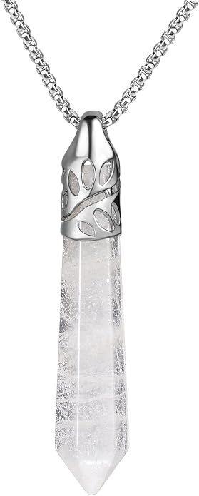 BEADNOVA Healing Crystal Necklace for Women Men White Quartz Pendant Energy Healing Gemstones Jewelry Pendulum Crystal Divination (Hexagonal, 18 Inches Stainless Steel Chain)