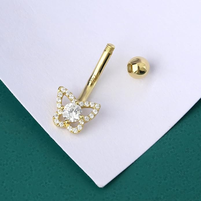COCHARM 14K Real Gold Butterfly Belly Button Rings Solid Gold Belly Rings for Women 14K Belly Piercing Jewelry 14 14ktNavel Rings Navel Bar
