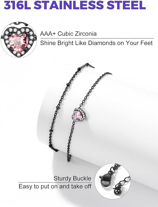 Richsteel Double Layer Heart/Butterfly Birthstone Anklet for Women Non Tarnish Waterproof, Silver/Gold/Black Stainless Steel 8.5-10.5 Inch Adjustable Chain Anklets Jewelry Gifts for Her