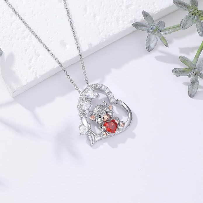 PELOVNY Teddy Bear Necklace for Women 925 Sterling Silver Bear/Highland Cow/Fox/Cat/Axolotl Birthstone Necklace Christmas Birthday Jewelry Gifts for Mom Daughter Wife Sister