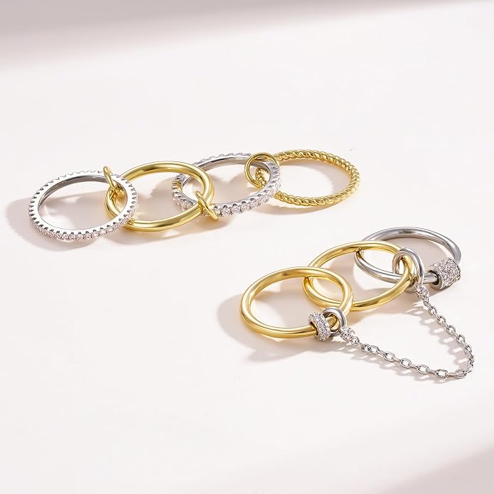 KissYan Stackable Rings for Women, 14k Gold Plate Interlocked Multi Ring Set Dainty Pave CZ Personalized Fashion Two-Toned Mixed Metals Stacking Jewelry Trendy Statement Gift