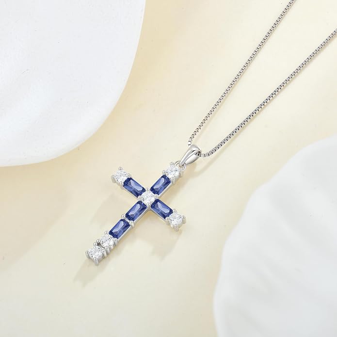 Birthstone Cross Necklace for Women 925 Sterling Silver Christian Religious Crucifix Pendant Rectangular Cut Birthstone Jewelry Gifts for Her