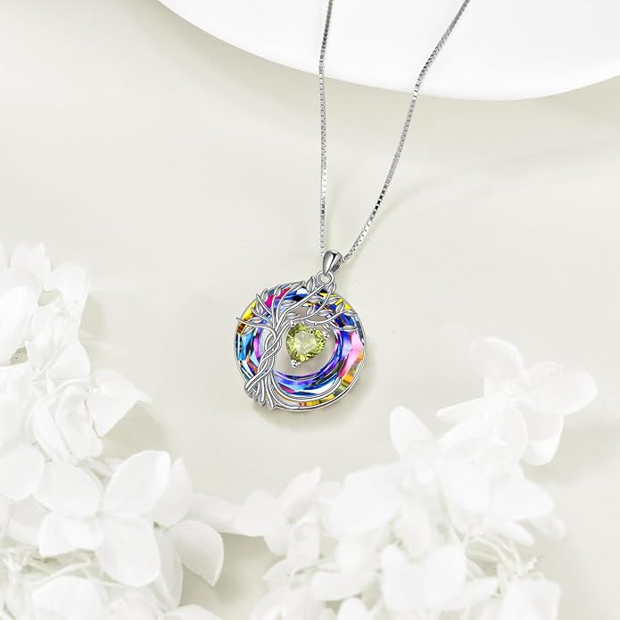 POPLYKE Mothers Day Gifts for Mom Her Wife Tree of Life Necklace 925 Sterling Silver Birthstone Pendant with Crystal Anniversary Birthday Wedding Jewelry for Women
