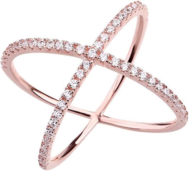 LEMON GRASS Womens Criss Cross Ring Diamond X Ring Micropave CZ Inlay 14K Rose Gold Plating Size 4 5 6 7 8 9 10