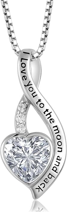I Love You to The Moon and Back Necklace for Women, 925 Sterling Silver Heart Birthstone Pendant Necklace Jewelry Anniversary Birthday Gifts for Girls Women Wife Mom Daughter