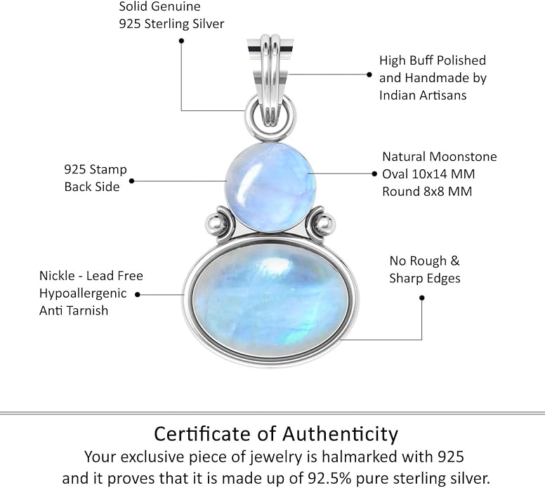 Handmade Genuine 925 Sterling Silver Pendant Necklace Natural Gemstone Crystal, Lapis, Onyx, Amber Oval Round Boho Jewelry For Women