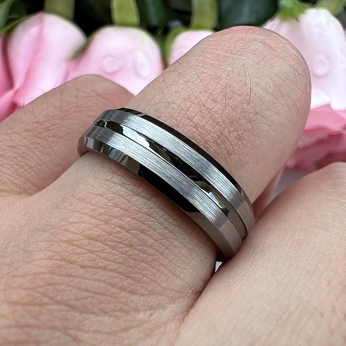 TUTISS 6mm 8mm Silver/Black/Blue/Gunmetal/Gold/Rose Gold Tungsten Rings for Men Women Fashion Engagement Wedding Bands Matte Finish Beveled Edges Comfort Fit