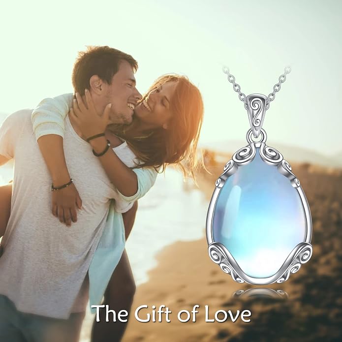 YAFEINI 925 Sterling Silver Moonstone Necklace Filigree Teardrop Pendant Necklace Jewelry for Women Girls