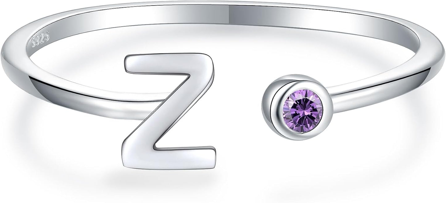 925 Sterling Silver Initial Letter Birthstone Rings for Women Adjustable 1-12 Month Birthstone Alphabet Stacking Ring for Teens Girls Stackable Birthstone Rings Birthday Jewelry Gift for Daughter Mom