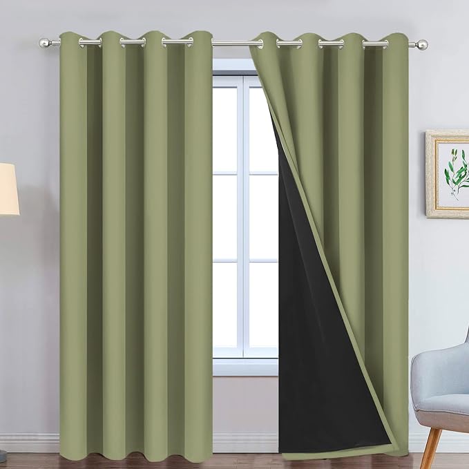 Yakamok Sage Blackout Curtains 96 Inches Long for Bedroom 52" Wide 2 Panel | Blackout Curtain Panels for Bedroom, 2 Thick Layers Grommet Top Thermal Insulated Drapes with Black Liner for Living Room