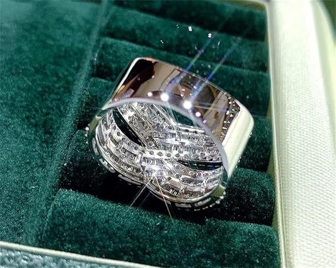 925 Sterling Silver Shiny Full Diamond Ring 18K Gold Cocktail Rings Criss Cross Cubic Zirconia Promise Rings CZ Diamond Multi Row Ring Eternity Engagement Wedding Band Ring for Women Z.32 (US Code 7)