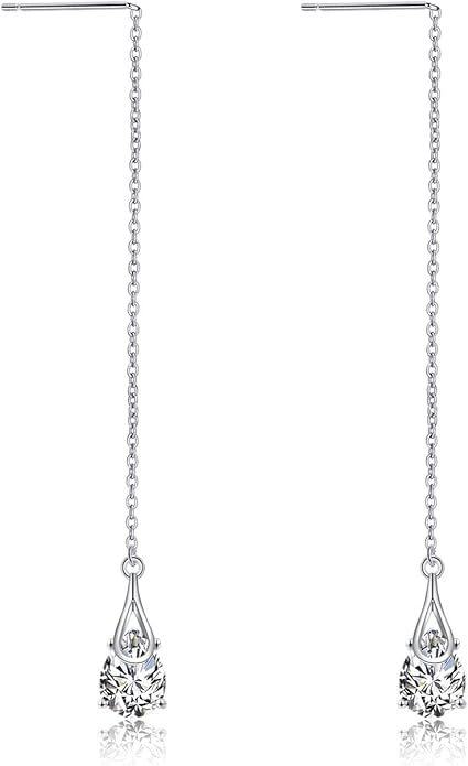 POPLYKE Sterling Silver CZ Threader Earrings Teardrop Chain Tassel Dangling Earrings for Women Dangling Jewelry
