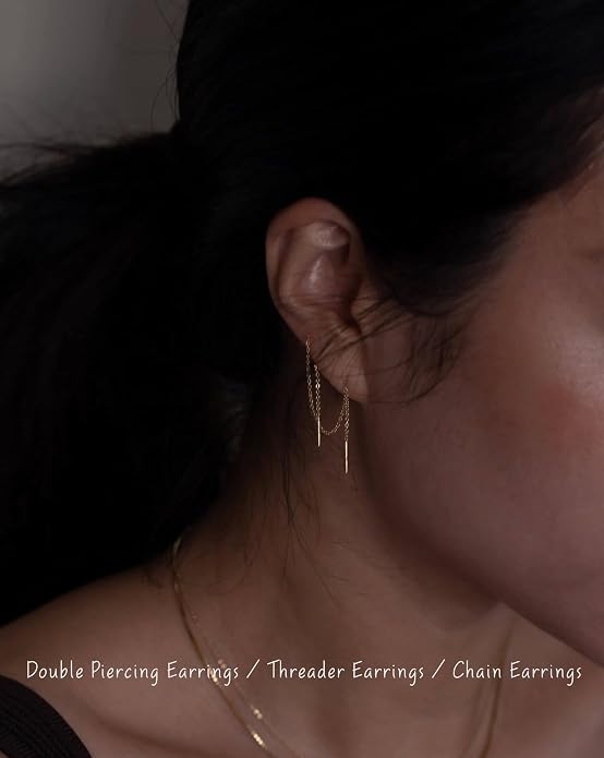 S.Leaf S925 Sterling Silver Threader Chain Earrings 18K Gold Plated Cubic Zirconia Dainty Dangle Double Piercing Long Drop Dangly Pull Through Tassel Chain Earrings Gifts for Women