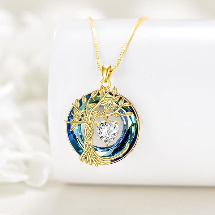 POPLYKE Mothers Day Gifts for Mom Her Wife Tree of Life Necklace 925 Sterling Silver Birthstone Pendant with Crystal Anniversary Birthday Wedding Jewelry for Women