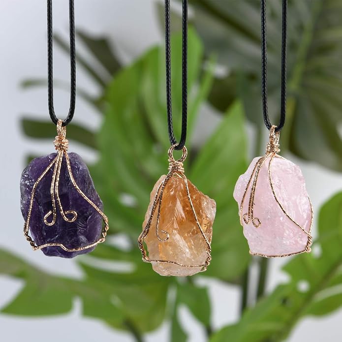 YGLINE Natural Raw Stone Healing Crystal Necklace Wire Wrapped Pendant for Womens Ladies