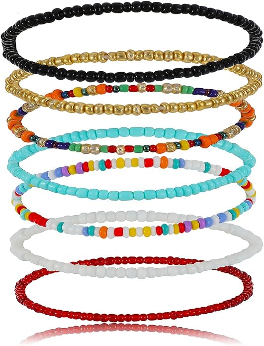 Pingyongchang Boho Handmade Beads African Anklets Set Layered Beach Colorful Stretch Beaded Elastic Foot Hand Chain Anklets Bracelets for Women Jewelry