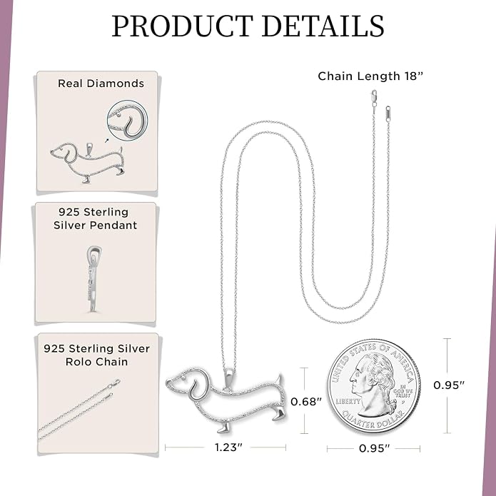 Jewelili Sterling Silver Dachsund Dog Pendant Necklace | Natural White Round Diamonds | 18" Rolo Chain | Gift Box Included | Timeless Fashion Jewelry