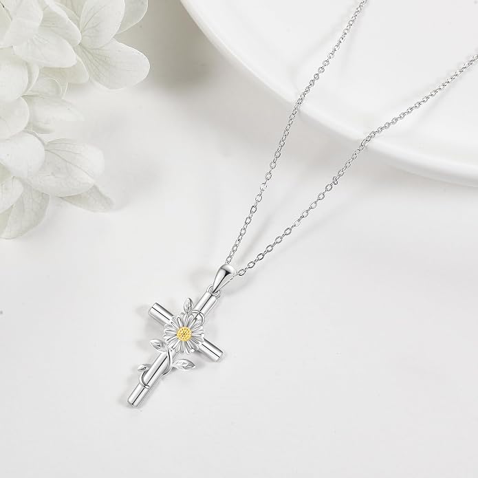 Flower Cross Necklace 925 Sterling Silver Carnation/Rose/Lily/Daisy Cross Necklace Birth Flower Jewelry for Women