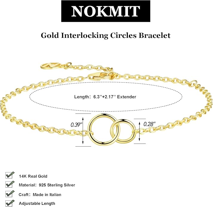 NOKMIT Solid 925 Sterling Silver Bracelets for Women, Dainty Interlocking Circles Cubic Zirconia Adjustable Chain Bracelet, Trendy Stackable Link Bracelets, Simple Cute Jewelry Gifts