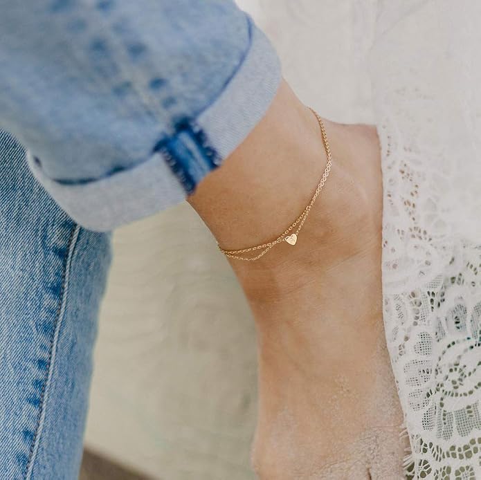 Ursteel Ankle Bracelets for Women, 14K Gold Plated Dainty Layered Heart Initial Anklets for Women Gifts